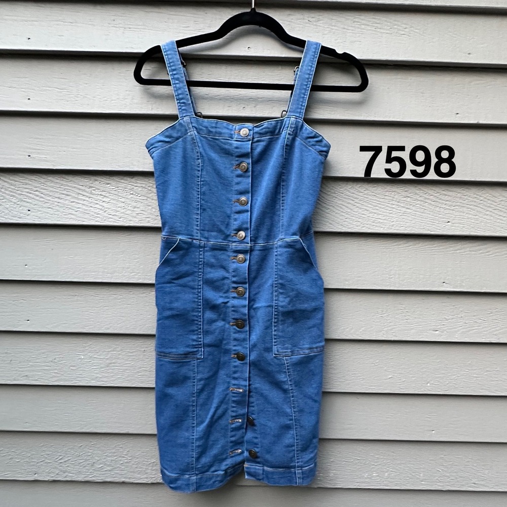 C'est Toi Womens Blue Denim Button Front Mini Pinafore Dress DR1016 Size S
